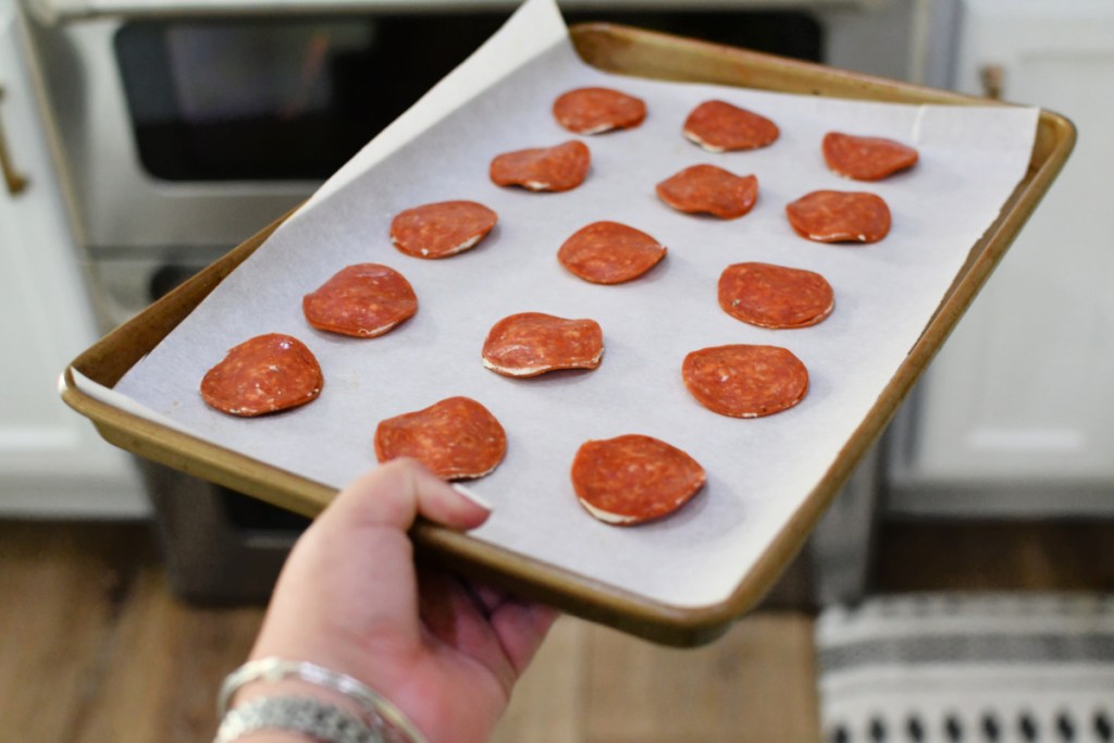 baking sheet with pepperoni bites