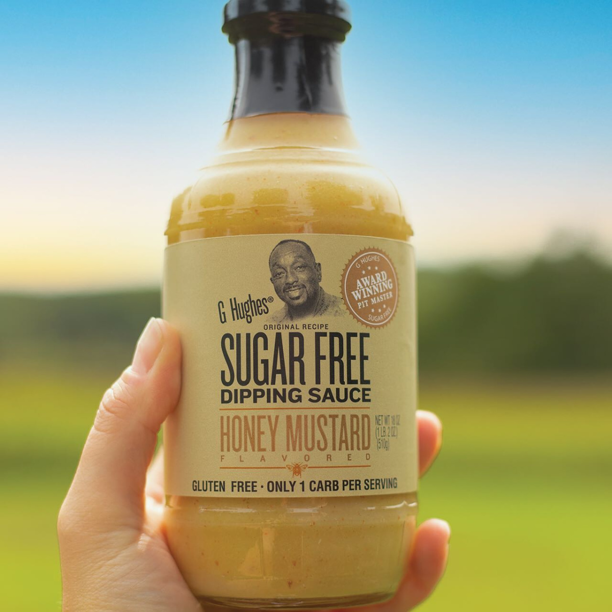 a bottle of low carb G. Hughes Sugar Free Honey Mustard Dipping Sauce 