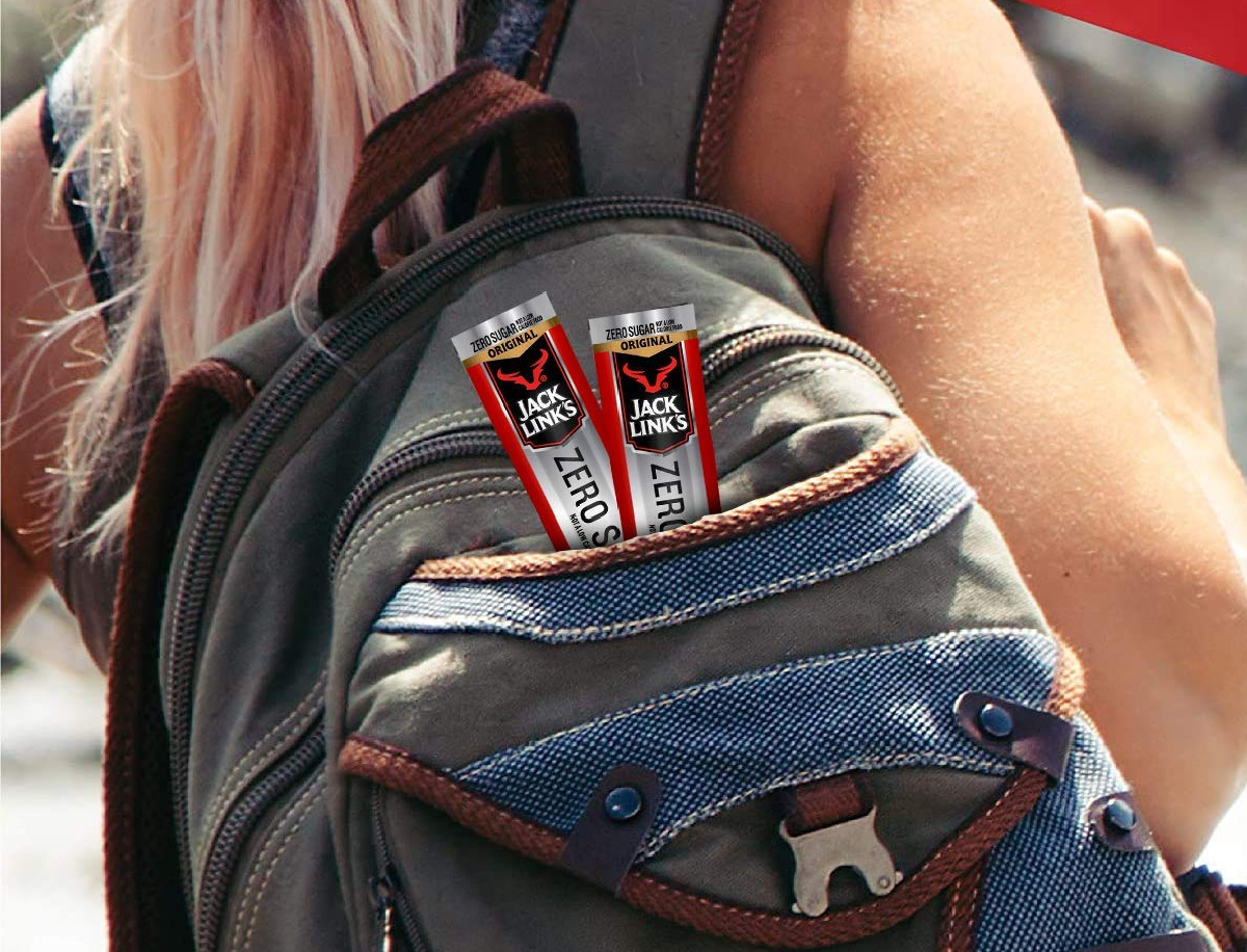 Zero Sugar Jack Links jerky in a backpack