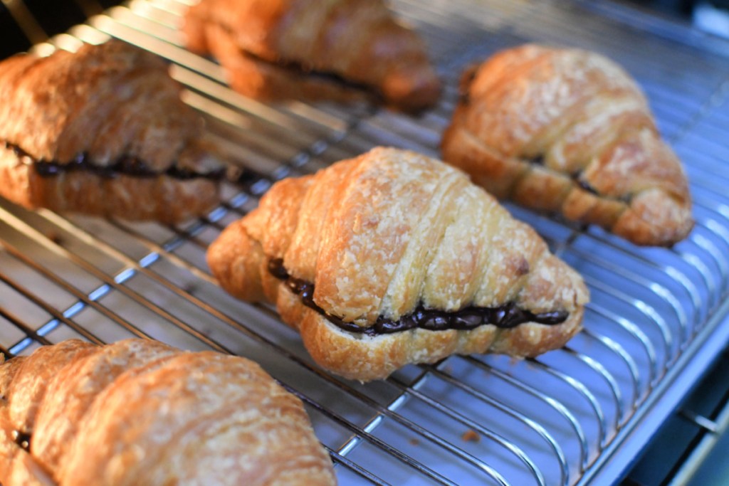 chocolate croissants in the oven