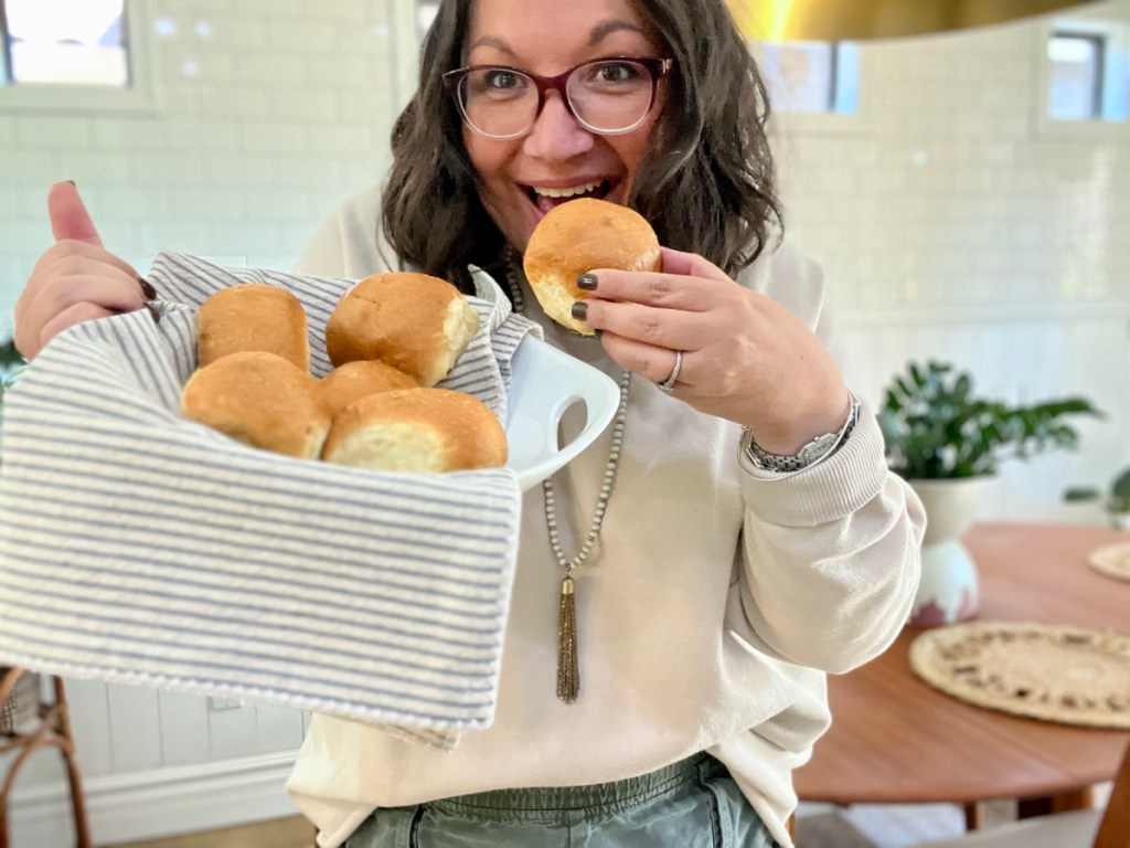 woman eating a keto roll