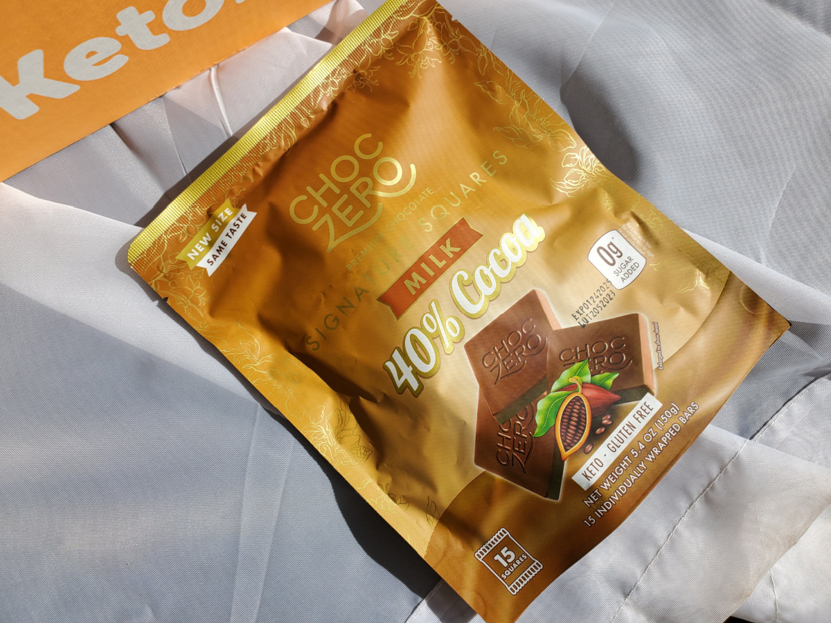 A package of no sugar added ChocZero Milk Chocolate Squares which came in the February 2024 Keto Krate Box