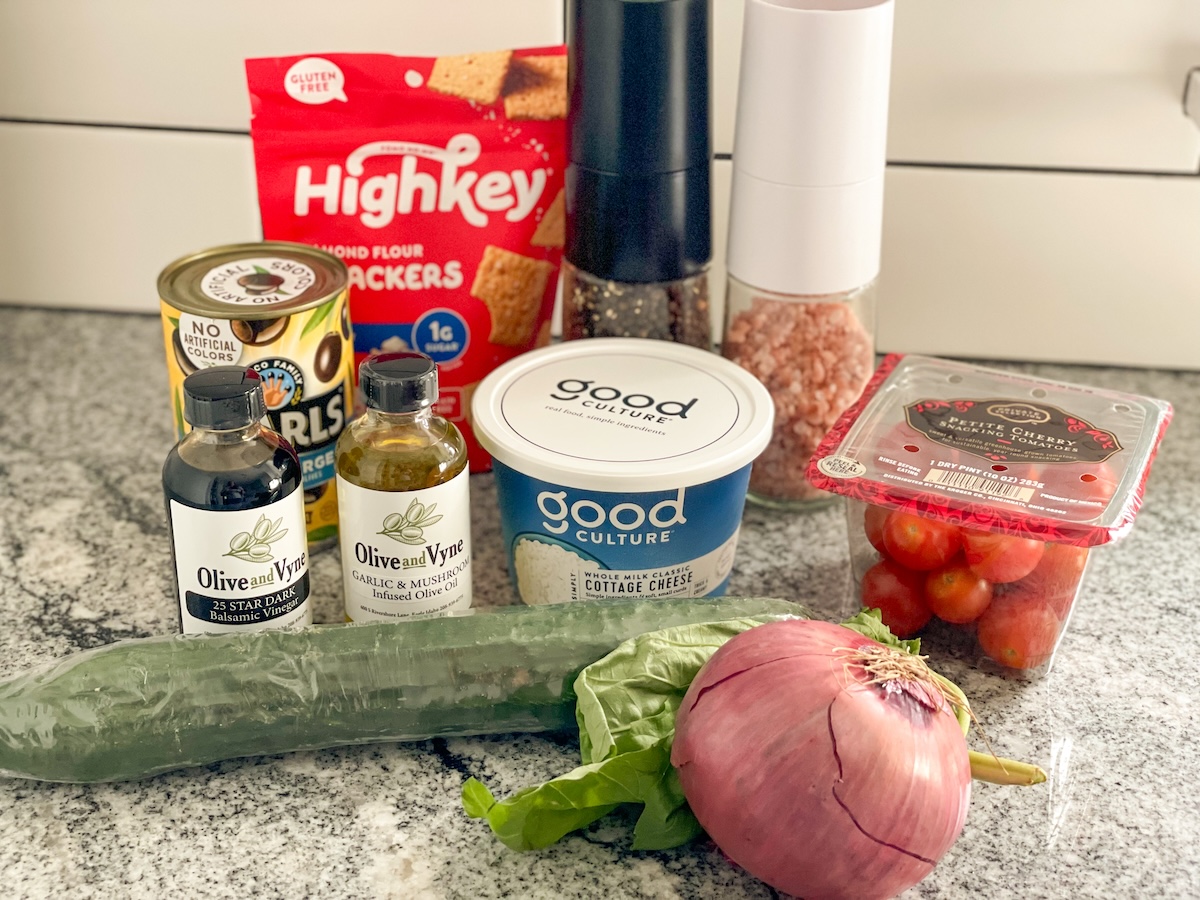 cottage cheese salad ingredients on a counter