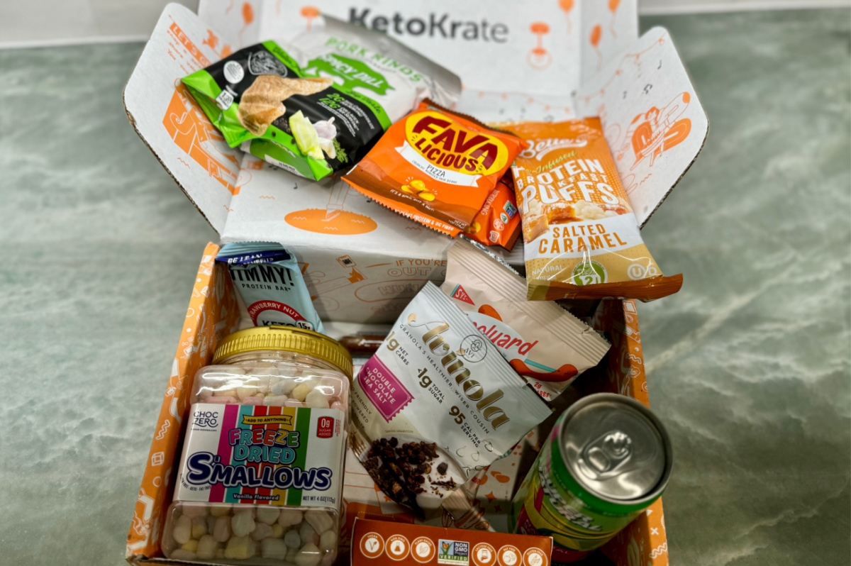 keto krate july 24 box open with keto snacks
