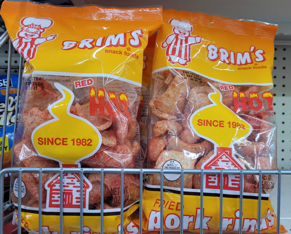 Low Carb Snack, Brim's Pork Rinds, on a store shelf