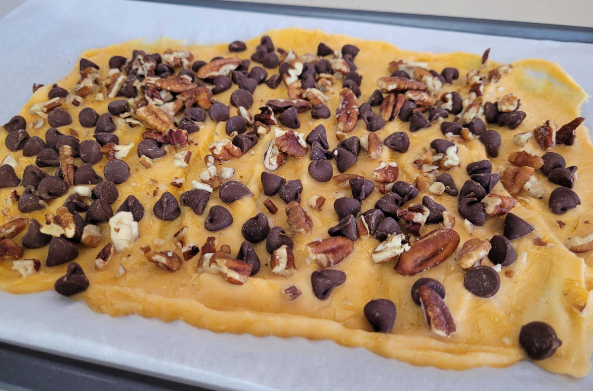 Keto Pumpkin Yogurt Bark on parchment paper
