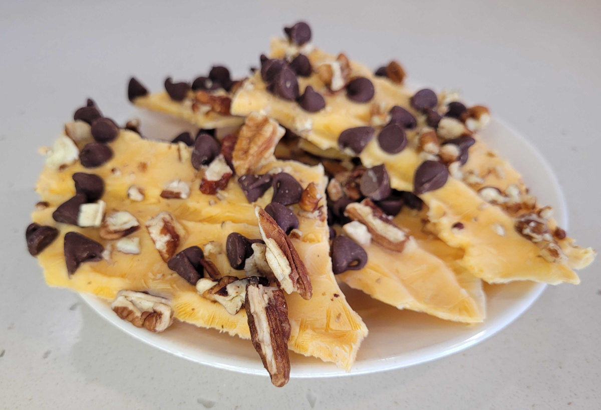 Keto Yogurt Bark made with pumpkin, chocolate chips, and pecans