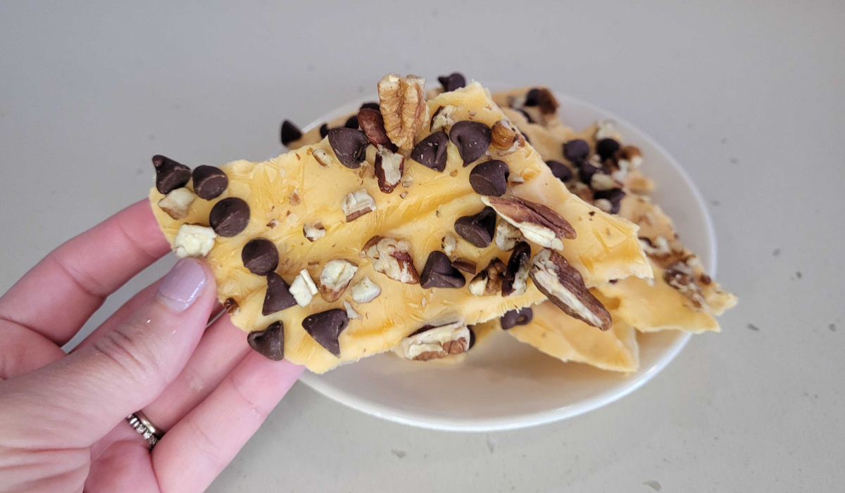 hand holding up keto yogurt bark made with pumpkin, pecans, and chocolate chips