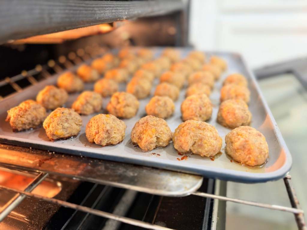 sausage balls in the oven after cooking