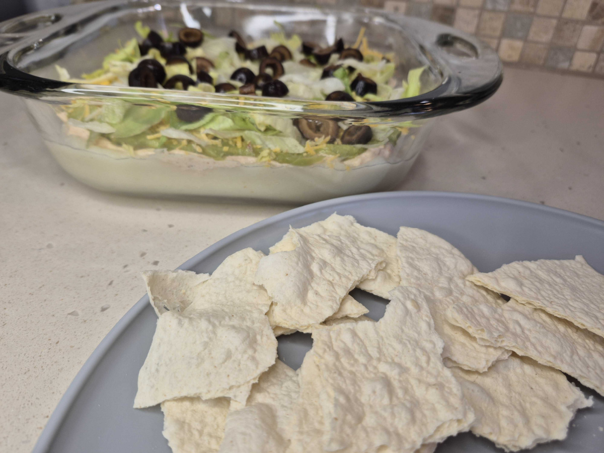 keto 6 layer dip with keto tortilla chips